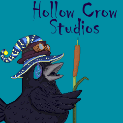 Pixel art crow with a little flame where his eye is in front of a teal background. He is holding a cat tail plant and wearing a wizard hat, stuffed inside a top hat. the top hat has steam punk goggle on its brim. Text in the upper right corner reads "Hollow Crow Studios".